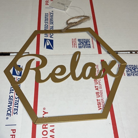 New Hexagon “Relax” Script Antiqued Golden Thin Metal Hanging Décor - Picture 3 of 6